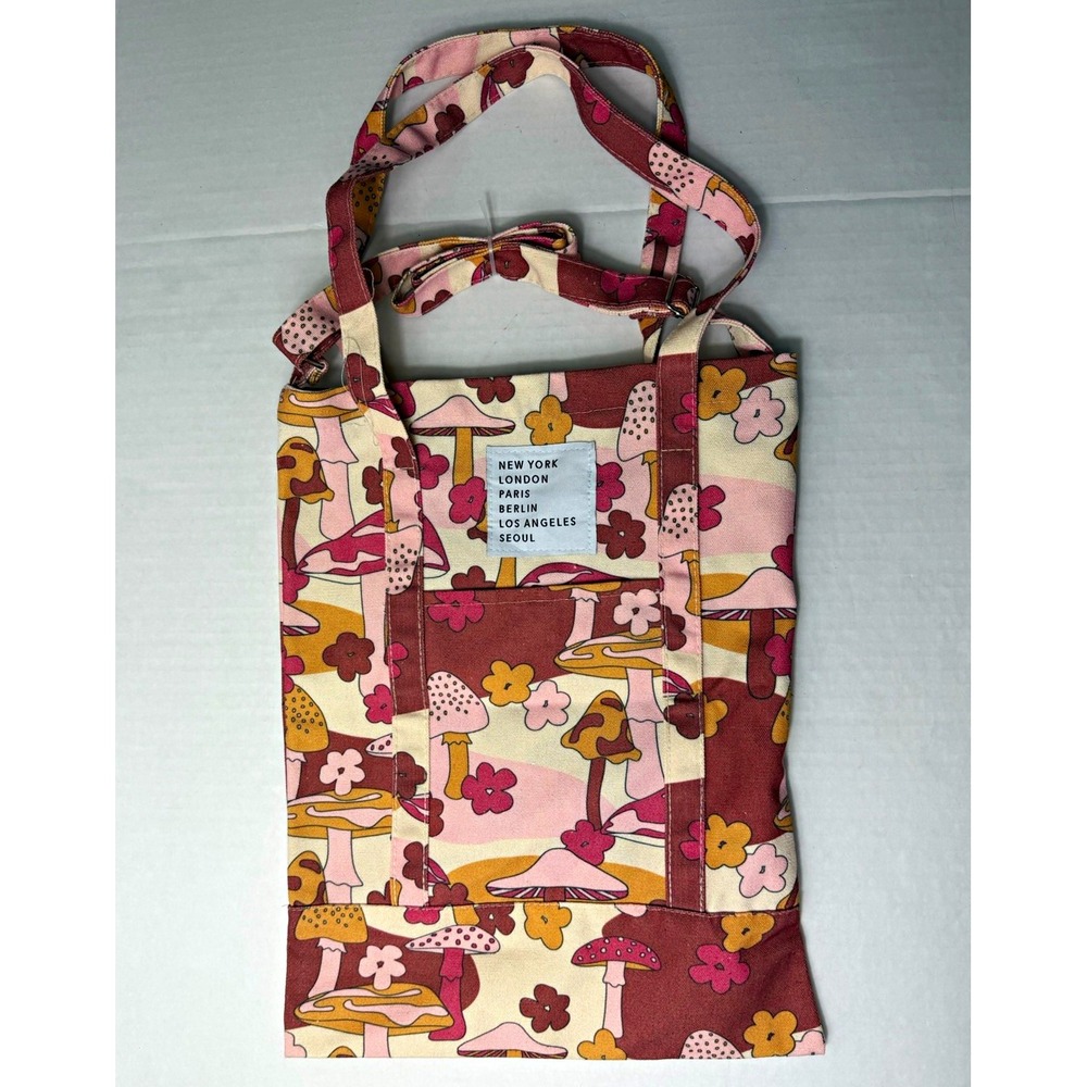 Pink Mushroom Print Canvas Crossbody Tote Bag w/Adj Strap Pocket